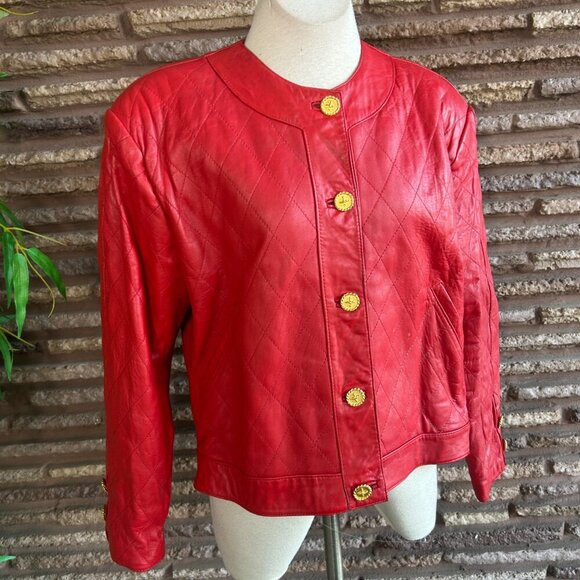 Siena Studio for Audrey Jones Vintage Red Quilted Leather Cropped Jacket Size 2X - Picture 10 of 12